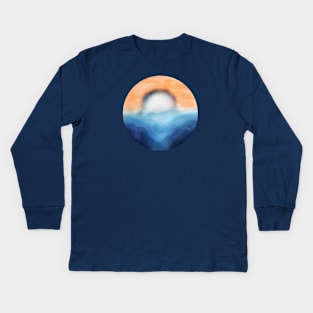 Vibrant Moon Rising Over The Mountains and Waves Abstract Digital WaterColor Art Kids Long Sleeve T-Shirt